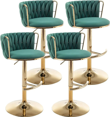 Woven Bar Stools Set of 4, Counter Height Bar Stools with Low Back, Gold Swivel Bar Stools for Kitchen Island