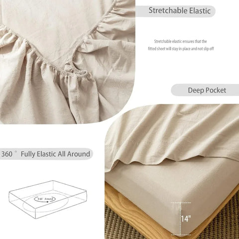 Bedding Sheet Set 100% Washed Cotton Linen Like Textured Breathable Durable Soft Comfy