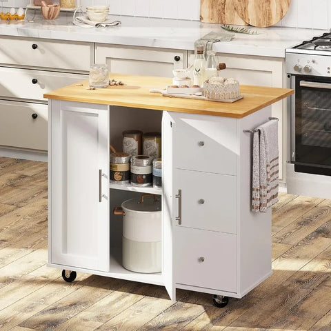 Kitchen Cart with Folding Drop Leaf Breakfast Bar, Portable Trolley Island with Large Storage Cabinet, Kitchen Cart