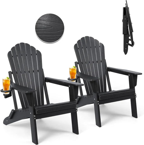 Folding Adirondack Chair Set of 2,SGS Tested,Wooden Textured with Cup Holder,Widened Heavy All-Weather HDPE Comfortable