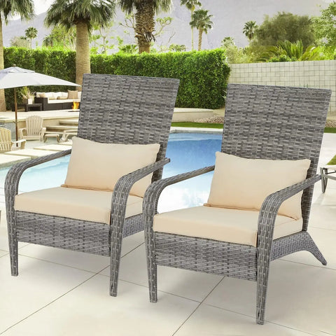 Patio Adirondack Wicker Chair, Outdoor Wicker Chair with Cushion and Pillow, All Weather High Back Rattan for Garden, Backyard