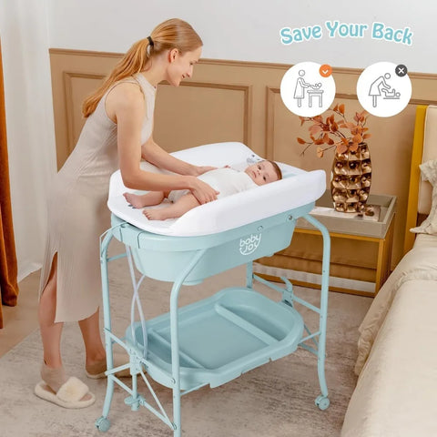 BABY JOY Baby Bathtub with Changing Table, Foldable Infant Diaper Changing Station with Storage Tray, Waterproof Pad, Portable