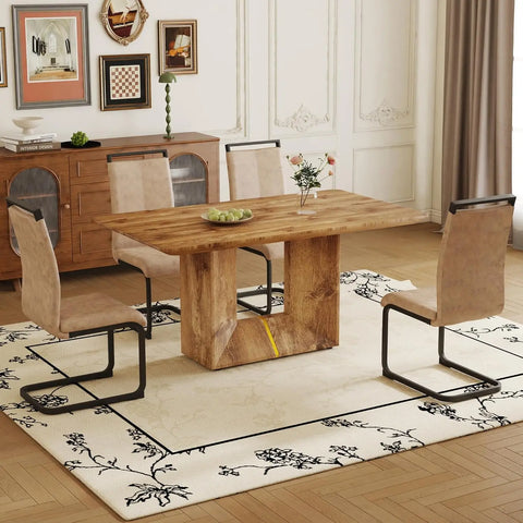 Dining Table Set, Modern Faux Marbled Pattern, MDF Density Board Base, Dining Table and PU Back Leather Chairs, Dining Table Set