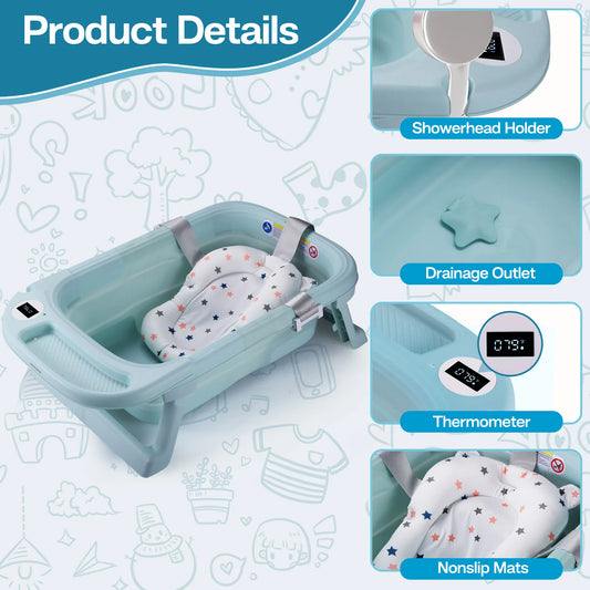 Baby Bathtub,Baby Bath Tub with Soft Cushion & Thermometer,Baby Bathtub Newborn to Toddler 0-36 Months,Portable Travel Baby Tub