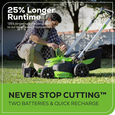 60V 25” Cordless (Self-Propelled) Lawn Mower (LED Lights + Aluminum Handles), 2 x 4.0Ah Batteries and Dual Port Rapid Charger