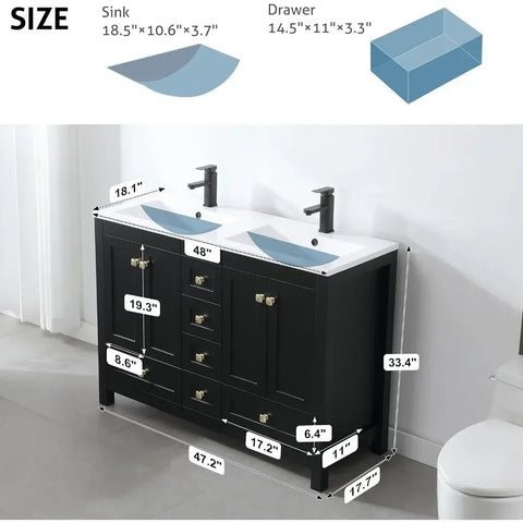 48" Bathroom Vanities Cabinet with Sink Combo Set, Undermount Double Resin Sink w/Thickened Wood, Matte Black Faucet