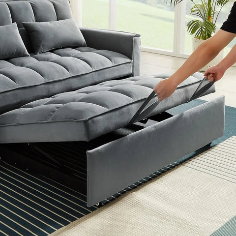 3-in-1 2-Seater Loveseat Pull Out Couch Reclining Backrest,Toss Pillows Pockets-Perfect for Small Spaces Velvet Sleeper Sofa Bed