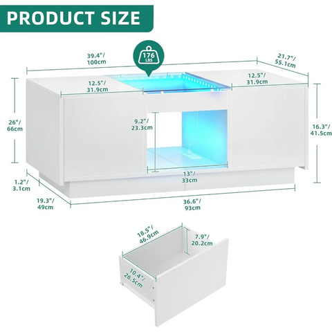 LED Coffee Table with LED Lights,Large Living Room Center Tables with USB Ports and Type-C Modern Coffee Table with Storage