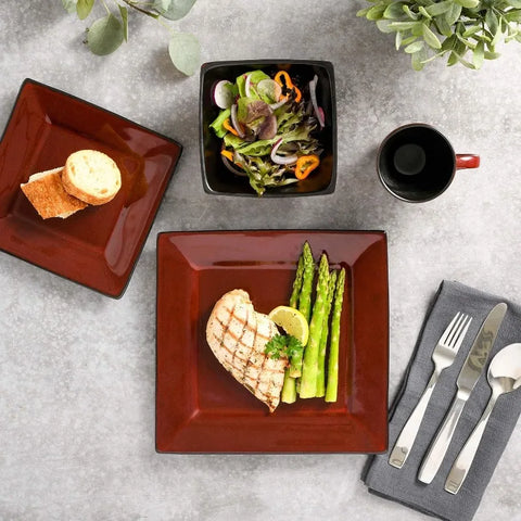 Square Reactive Glaze Stoneware Dinnerware Set, Service for 4 (16pcs),  Set Vaisselle Complet， Dishes and Plates Sets