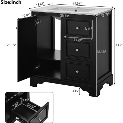 30-inch Bathroom Vanity with Sink Combo, Free Standing Bathroom Vanity Cabinet with 3 Drawers & Adjustable Shelf