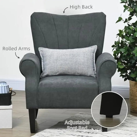 Fabric Accent Chair, Mid-Century Modern Armchair with Wood Legs, Soft & Padded, Rolled Arms, Upholstered Single Sofa Side Chair