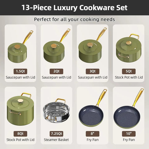 Nuwave Lux LE 13-Pc Cookware Set with Elegant Gold Handle, Diamond Infused Ceramic Non-Stick, PFAS Free, Premium Metal Lids,