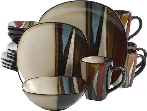 Square Reactive Glaze Stoneware Dinnerware Set, Service for 4 (16pcs),  Set Vaisselle Complet， Dishes and Plates Sets