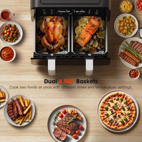 Air Fryer 9 Qt, Dual Basket Air Fryer with Visible Window, Large Double 4.5 Qt Airfryer with Independent Temperature Control