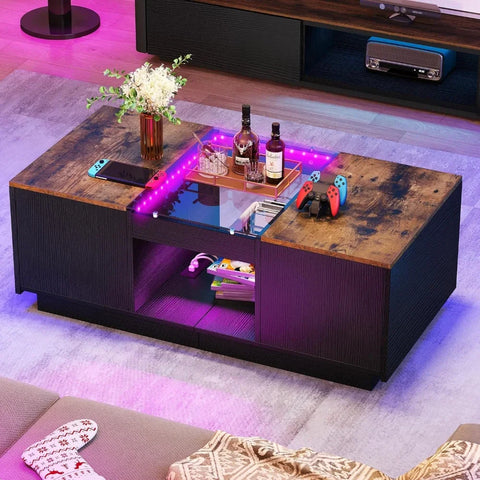 LED Coffee Table with LED Lights,Large Living Room Center Tables with USB Ports and Type-C Modern Coffee Table with Storage