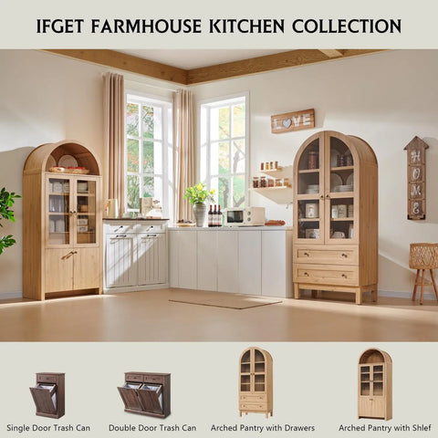 Kitchen Pantry Cabinet, Modern Farmhouse Kitchen Storage Cabinets with Open & Adjustable Shelves, Hidden Drawer & Glass Door, Ve