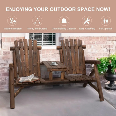 Outsunny 2-Seat Wooden Adirondack Chair, Patio Bench with Table, Outdoor Loveseat Fire Pit Chair for Porch, Backyard