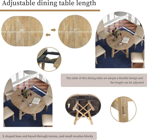 5-Piece Farmhouse Dining Table Set Wood Round Extendable Dining Table and 4 Upholstered Dining Chairs