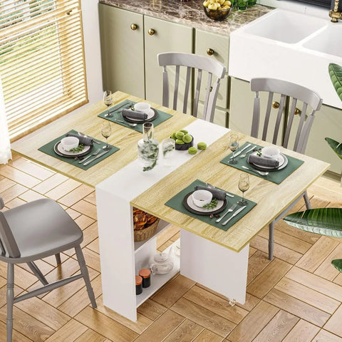 Folding Dining Table, Versatile Dinner Table with 6 Wheels and 2 Storage Racks, Space Saving  Table, Folding Kitchen Table