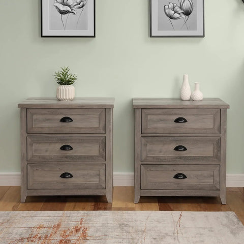 2-Piece Nightstand, Modern Farmhouse 3 Drawer Framed Nightstand with Half-Moon Handles, White Oak End Table for Bedroom