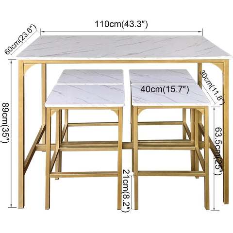 5-Piece Bar Table Set with 4 Stools,Dining Room Table Set,Small Spaces (Gold & White)