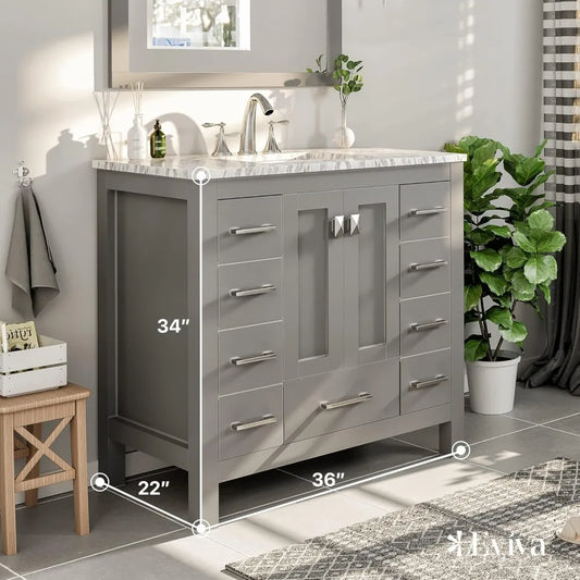 Grey Bathroom Vanity with Sink-36 Inch Modern Solid Wood Vanity Set-Floor-Mounted Bathroom Sink Cabinet -Small Bathroom Vanity