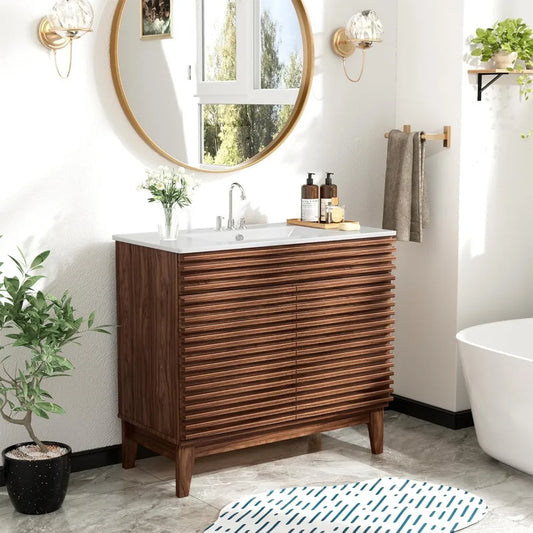 36" Bathroom Vanity with sink,Freestanding Vanity sink with Storage, Particleboard Frame with Wood Grain Laminate, Walnut