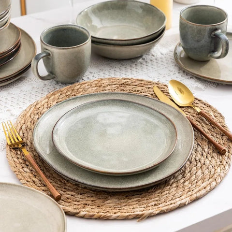 Ceramic Dinnerware Sets,Handmade Reactive Glaze Plates and Bowls Set,Highly Chip and Crack Resistant