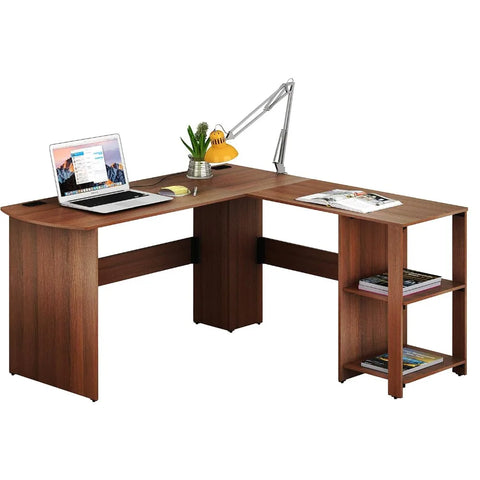 L-shaped home office, wooden corner desk, black computer desk