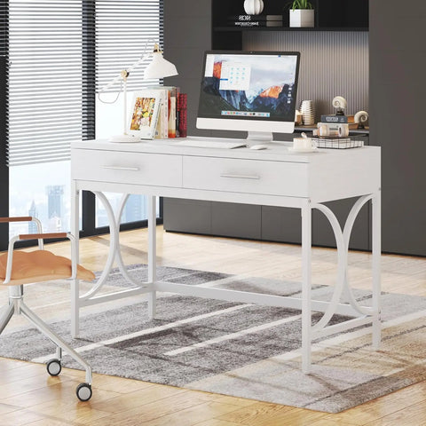 Modern White 41 Inches Computer Desk with 2 Drawers Home Office Bedroom Table Study Writing Desk Metal Frame