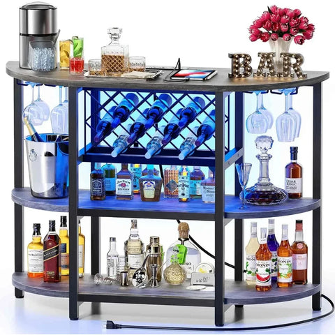 Bar table cabinet with power socket, LED household mini bar cabinet, metal bar rack with 4 layers of storage, easy to assemble