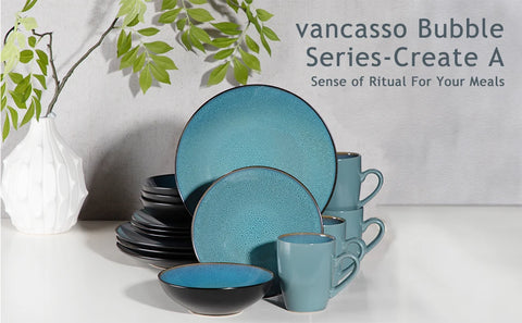 VANCASSO BUBBLE 16/32/48-Piece Tableware Set Vintage Ceramic Blue/Brown Stoneware Set with Dinner&Dessert Plate,Bowl,Coffee Cups