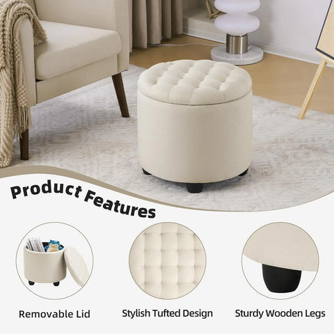 Round Storage Ottoman,Button Tufted Ottoman Foot Stools Ottoman Footstool with Removable Lid Storage Ottoman for Living Room,