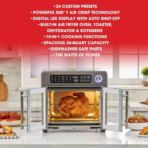 26 QT Extra Large Air Fryer, Convection Toaster Oven with French Doors, Stainless Steel