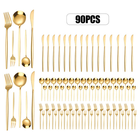 90Pcs Gold Flatware Set Stainless Steel Silverware Utensil Kitchen Tableware Forks Knives Spoons Cutlery for Home Restaurant