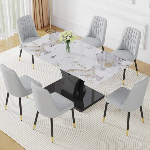 Modern Dining Room Table Set for 6, Faux Marble Kitchen Table and 6 PU Leather Chairs, 67” Rectangular Tempered Glass Table Set