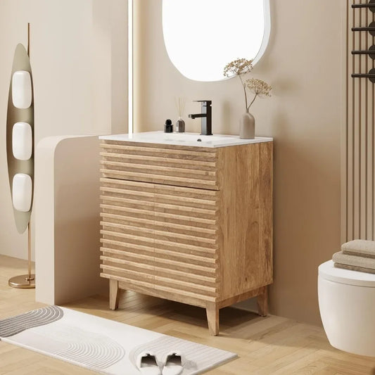 Bathroom Vanity with Sink Combo Mid-Century Floor Cabinet Set with Wood Stripes, Adjustable Shelf, Undermount Sink