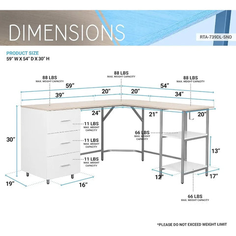 L Shaped Desk - Two-Toned Computer Desk with Drawers & Storage Shelves - Simple Modern Furniture & Home Office Space Corner Tabl