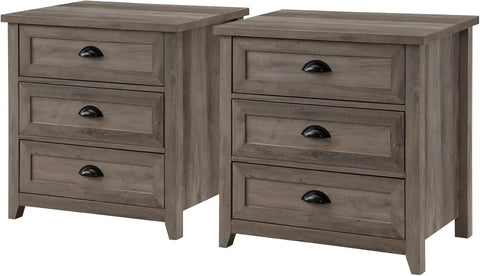 2-Piece Nightstand, Modern Farmhouse 3 Drawer Framed Nightstand with Half-Moon Handles, White Oak End Table for Bedroom