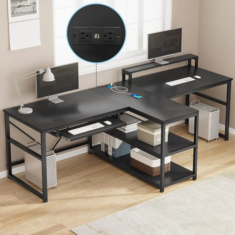 SEDETA 94.5" Home Office Desks, Computer Gaming Desk with Storage, LED Lights, Power Strip with USB, Keyboard Tray & Monitor