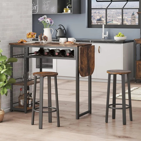 Bar Table and Chair Set, Expandable 2 Bar Stools, Industrial Kitchen Counter Wine Rack & 3 Tier Adjustable Storage Shelves