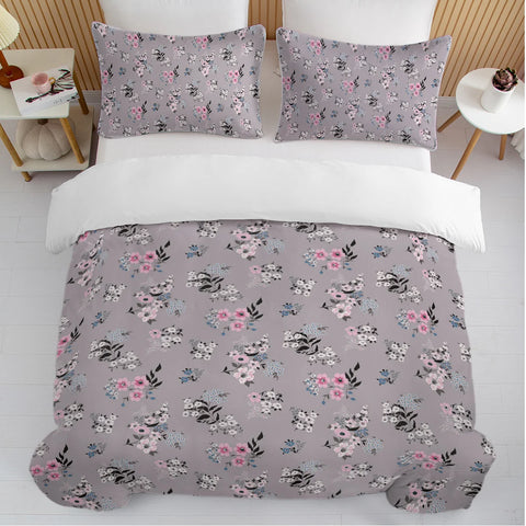 3pc Small Pink and White Flowers with Black Leaves Bedding Set Quilt Cover with Zipper Closure 1 Duvet Cover and 2 Pillowcases