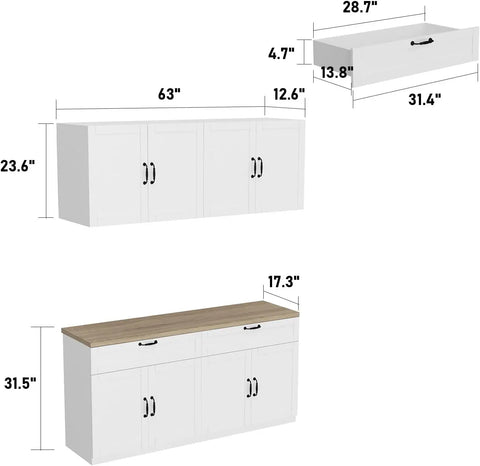 Wall-Mounted Kitchen Pantry Kitchen Storage Cabinet with Countertop, Pantry Cabinet with Drawers & Doors, Wall Cabinet for Kitch