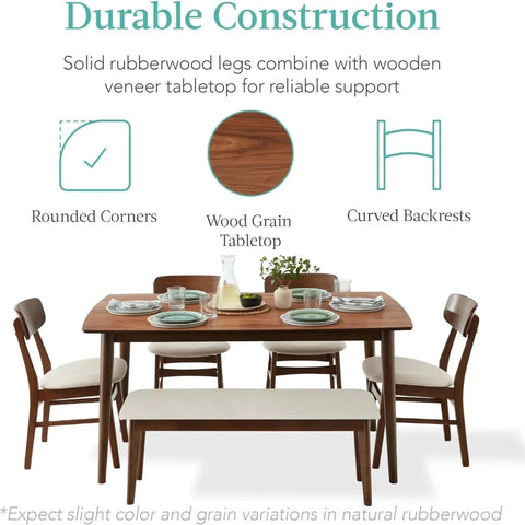 6-Piece Dining Set, Mid-Century Modern Wooden Table & Upholstered Chair Set for Home, Dining Room W/ 4 Chairs, Bench Seat