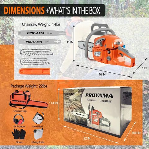 2-Cycle Gas Powered Chainsaw, 22 Inch 18 Inch Handheld Cordless Petrol Chain Saw for Tree Wood Cutting