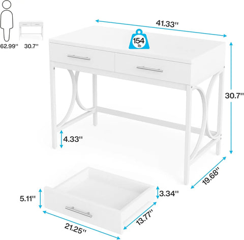 Modern White 41 Inches Computer Desk with 2 Drawers Home Office Bedroom Table Study Writing Desk Metal Frame