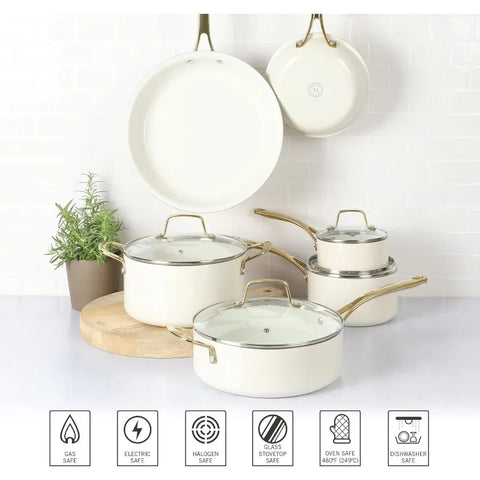 Martha Stewart Lockton Premium Nonstick PFA Free Ceramic Interior 10 Piece Heavy Gauge Enamel Aluminum Pot and Pan Cookware Set