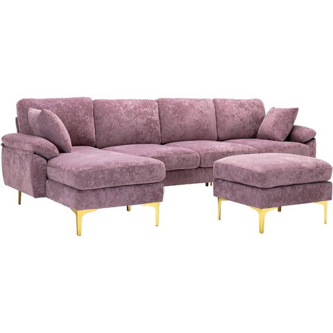 U-Shaped Sectional Sofa Couch, Modern Velvet Couch Set with Chaise Lounge, Ottoman and Pillows for Living Room Office Apartment