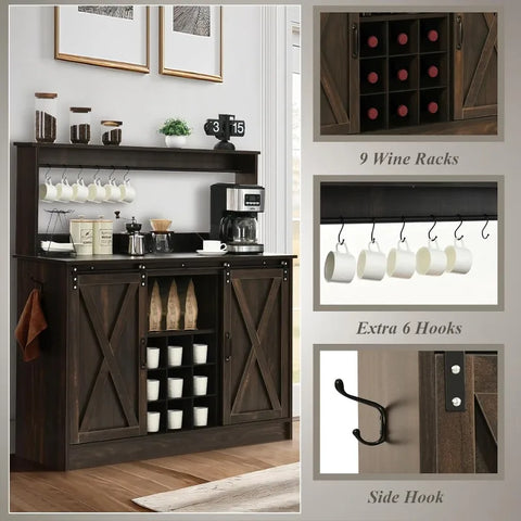 4ever2buy Farmhouse Coffee Bar Cabinet with 6 Hooks, White Coffee Bar with Storage, Kitchen Buffet Cabinet with Adjustable Shelv