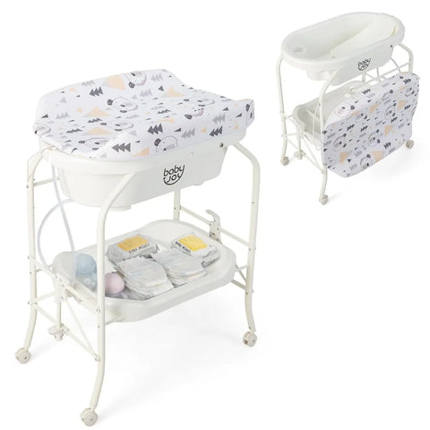 BABY JOY Baby Bathtub with Changing Table, Foldable Infant Diaper Changing Station with Storage Tray, Waterproof Pad, Portable